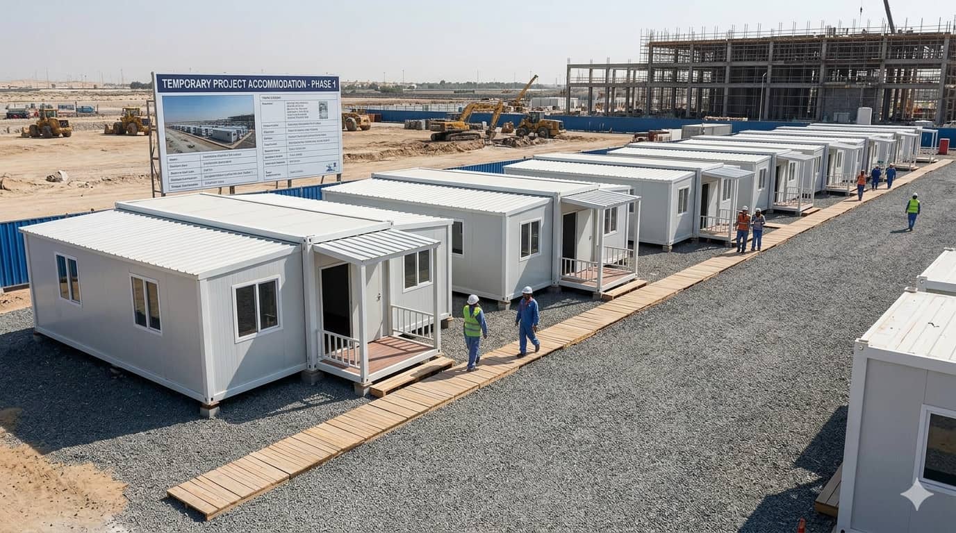 A row of expandable container houses used as temporary project accommodation