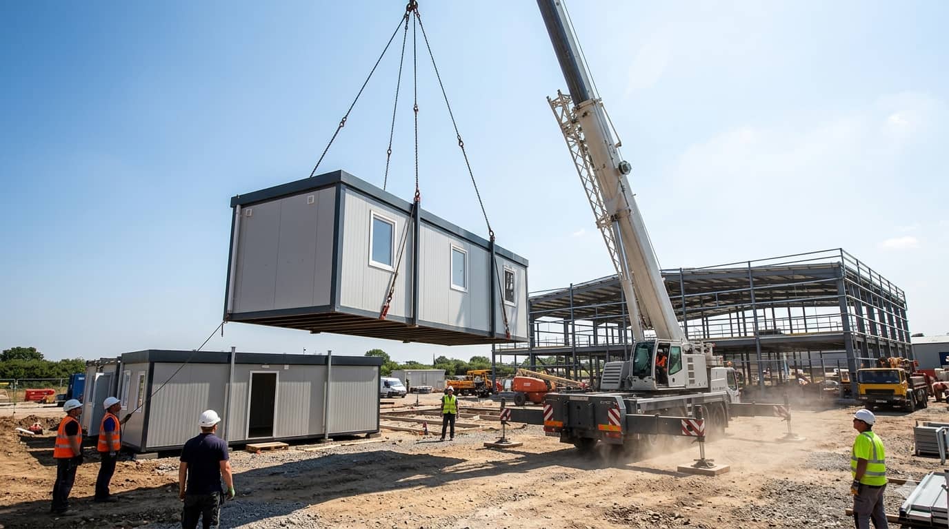 A side-by-side comparison graphic of an expandable house and a traditional construction site