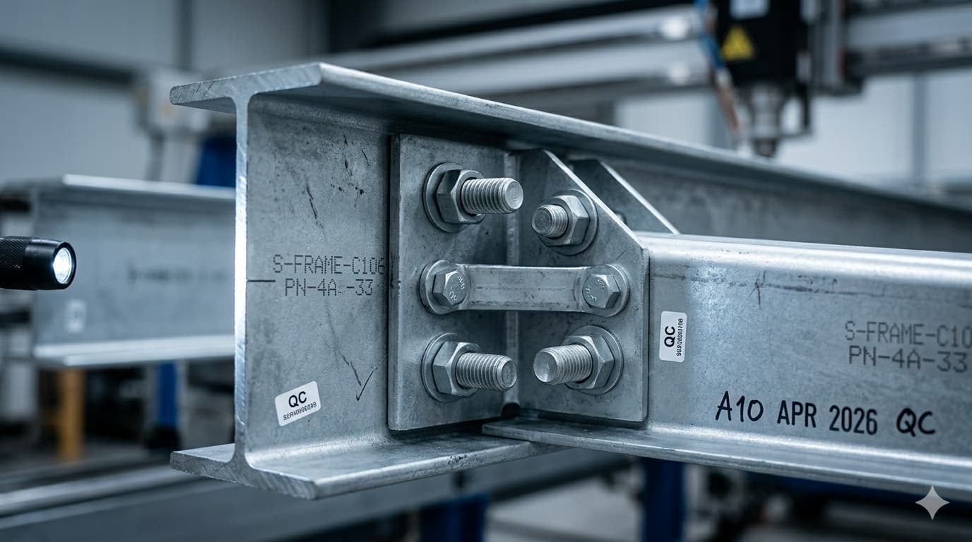 A close-up of a prefab house's steel frame connection point