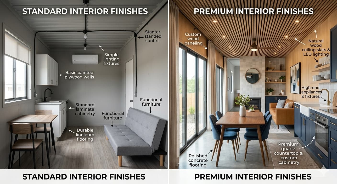 A comparison of standard versus premium interior finishes in a container home