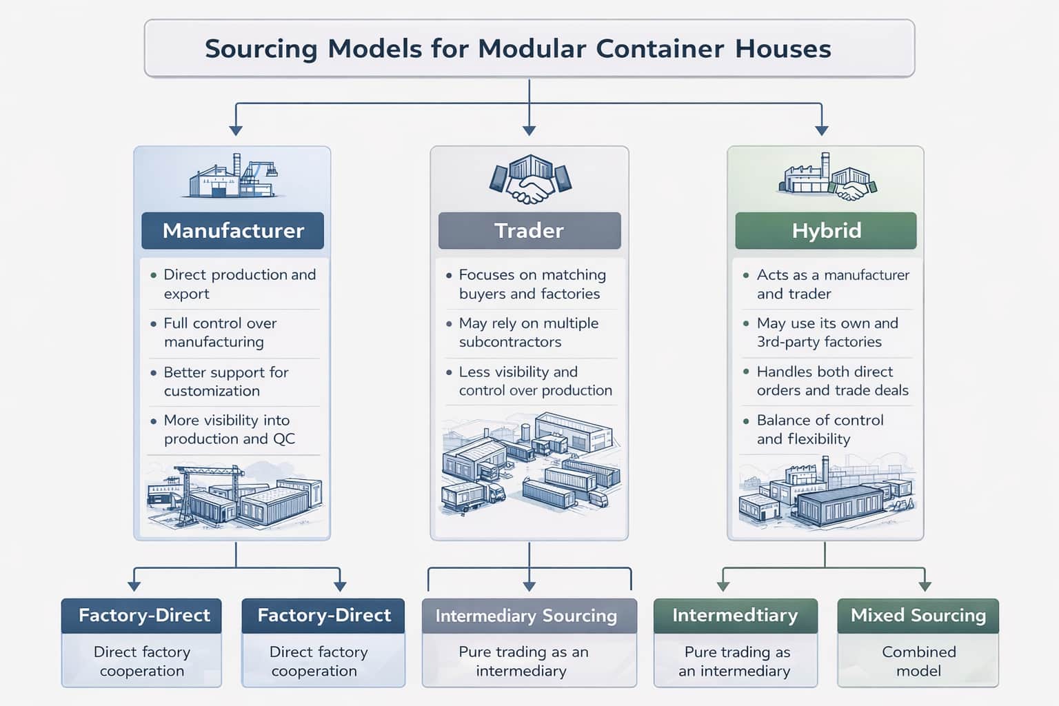 A flowchart showing different sourcing models: Manufacturer, Trader, Hybrid