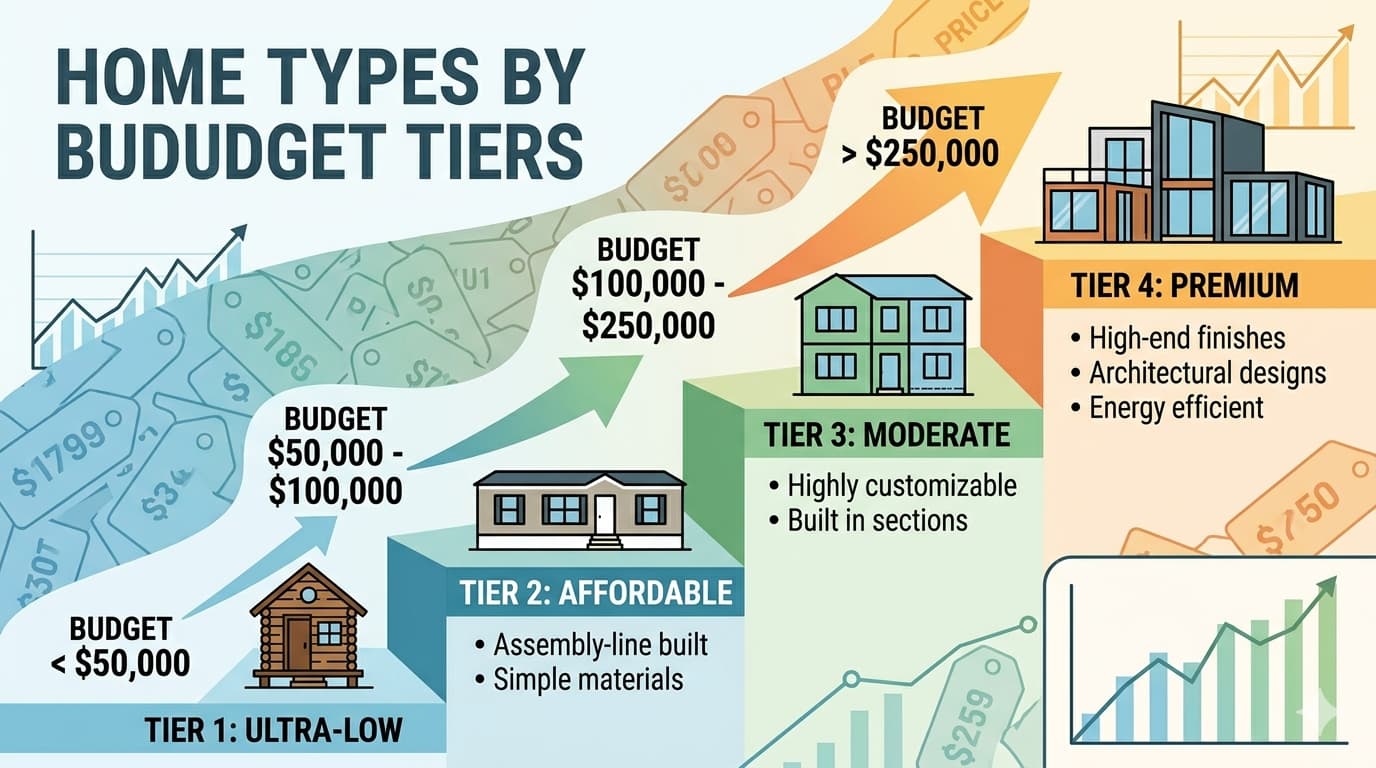 A diagram showing budget tiers from low to high, with corresponding home types.